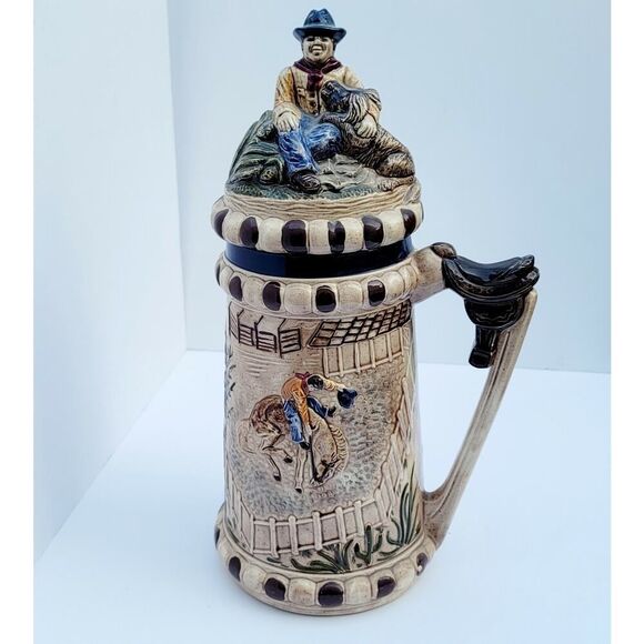 RARE Vingate Lidded Ceramic Cowboy Stein, Cean & Carol Bloss 16" Tall - Picture 1 of 12